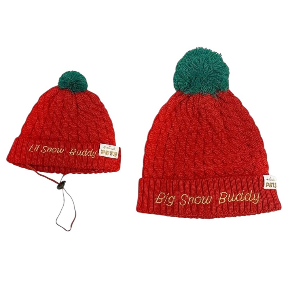 Hallmark Pets Knit Human Pet Red Matching Beanie Hat Set 2 Pieces Pom Pom - Picture 2 of 7